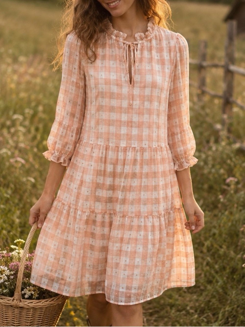 Nanette Lepore Blush Gingham Clip Dot Tiered Cottagecore Dress Prairie Romantic